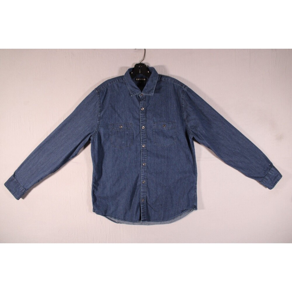 Express Men's Large Chambray Denim Button Up Shirt Long Sleeve Cotton Blue